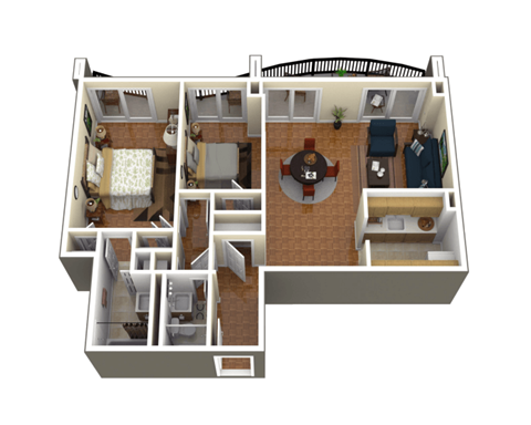 A 3D floor plan of a house with a living room, dining room, kitchen, and two bedrooms.